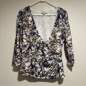 Coldwater Creek Classic Blue and Brown Floral Wrap Top